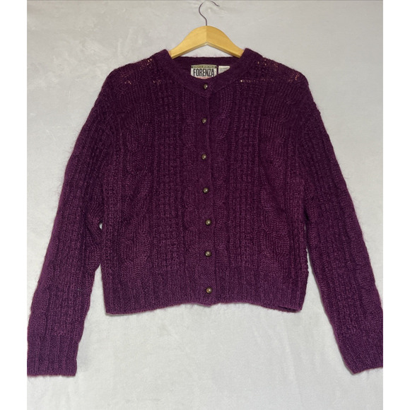 Vintage Mohair Cable Knit Cardigan Sweater Womens Medium Purple Fuzzy Grunge 90s - Picture 1 of 11